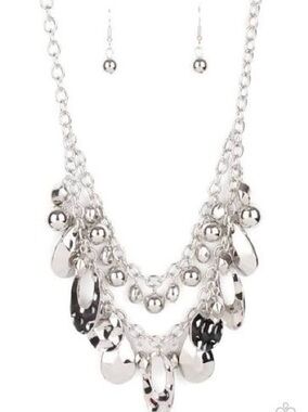 paparazzi Shiny Silver Multi-Drop Bib Necklace with Matching Earrings